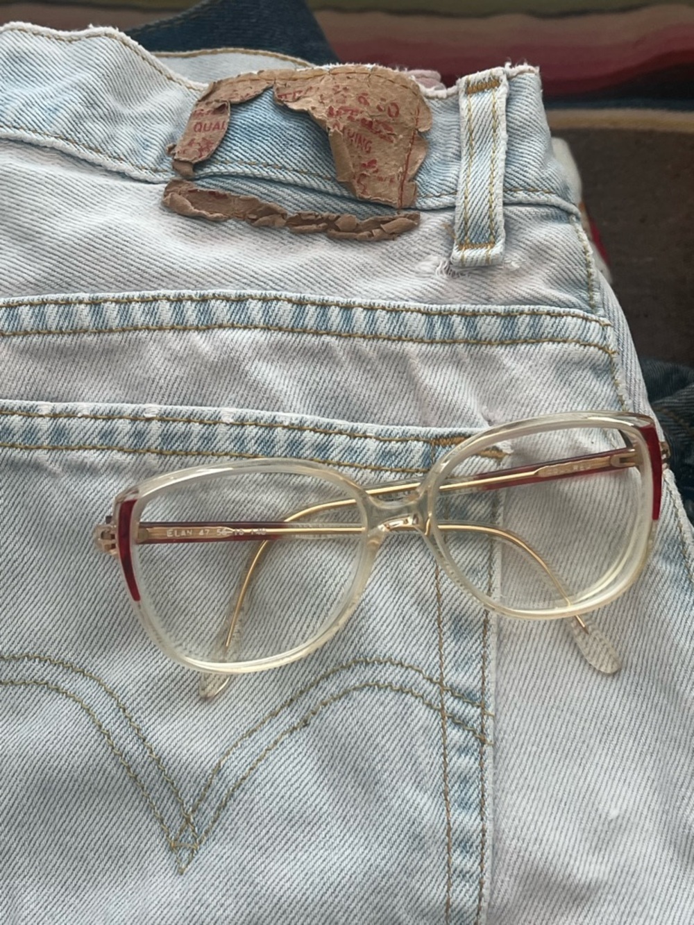 Vintage 80s big Clear & Gold Eyeglasses with Red Accents